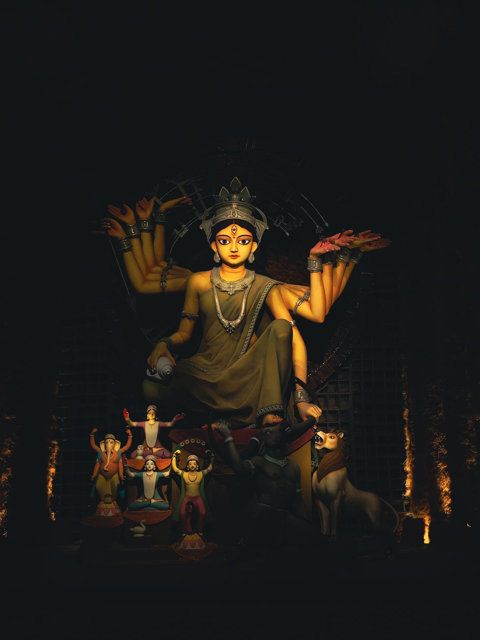 statue of goddess durga in darkness